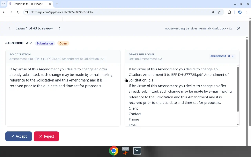 Draft Review lines up each uploaded draft against the matrix. You decide pass or fail, and you see the covering text that changed.